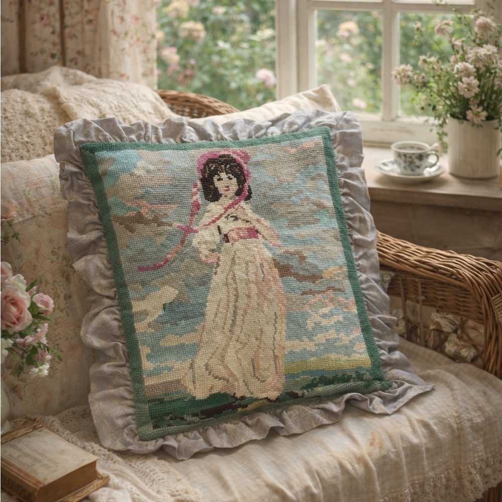 Custom Wool Needlepoint Pillow Cover Sham Grandma Cottagecore Ruffle Trim 20x16” - Picture 2 of 10